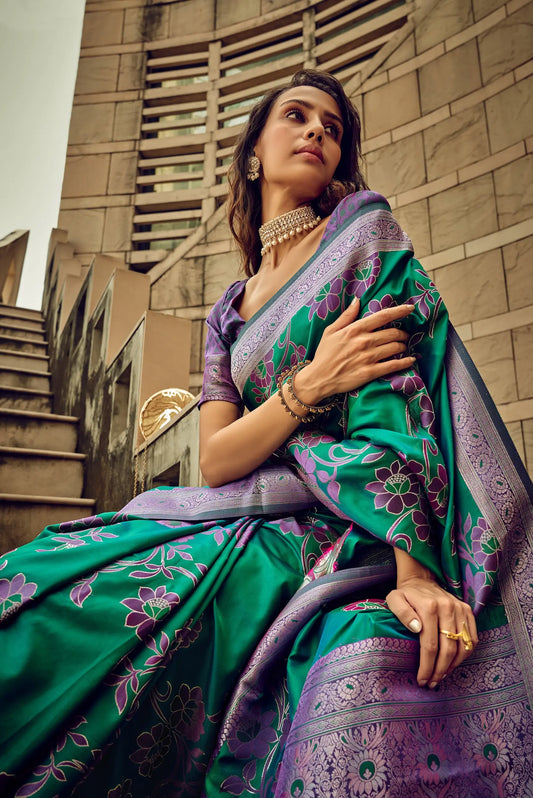 Green Satin Brasso Handwoven Silk With Flower Weaving Saree