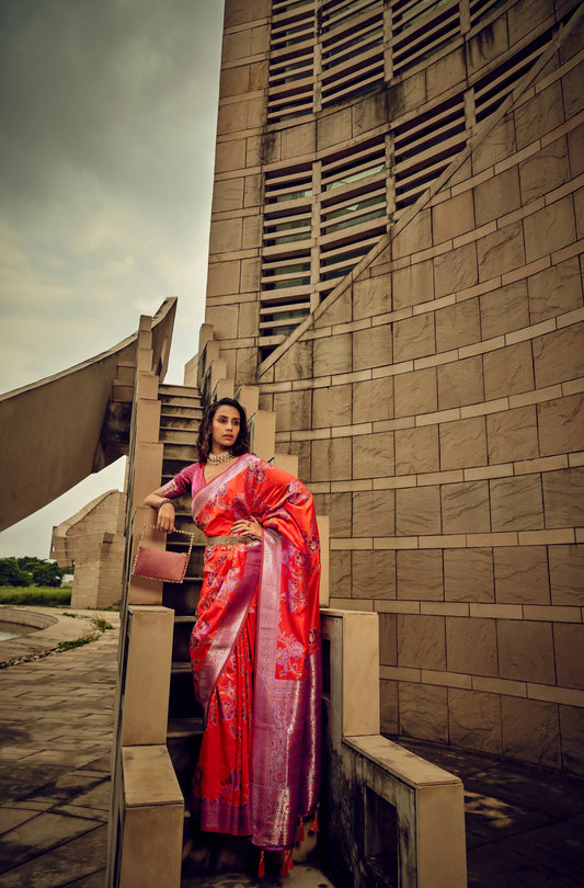 Red Satin Brasso Handwoven Silk With Flower Weaving Saree