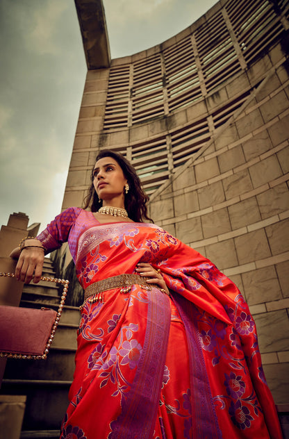 Red Satin Brasso Handwoven Silk With Flower Weaving Saree