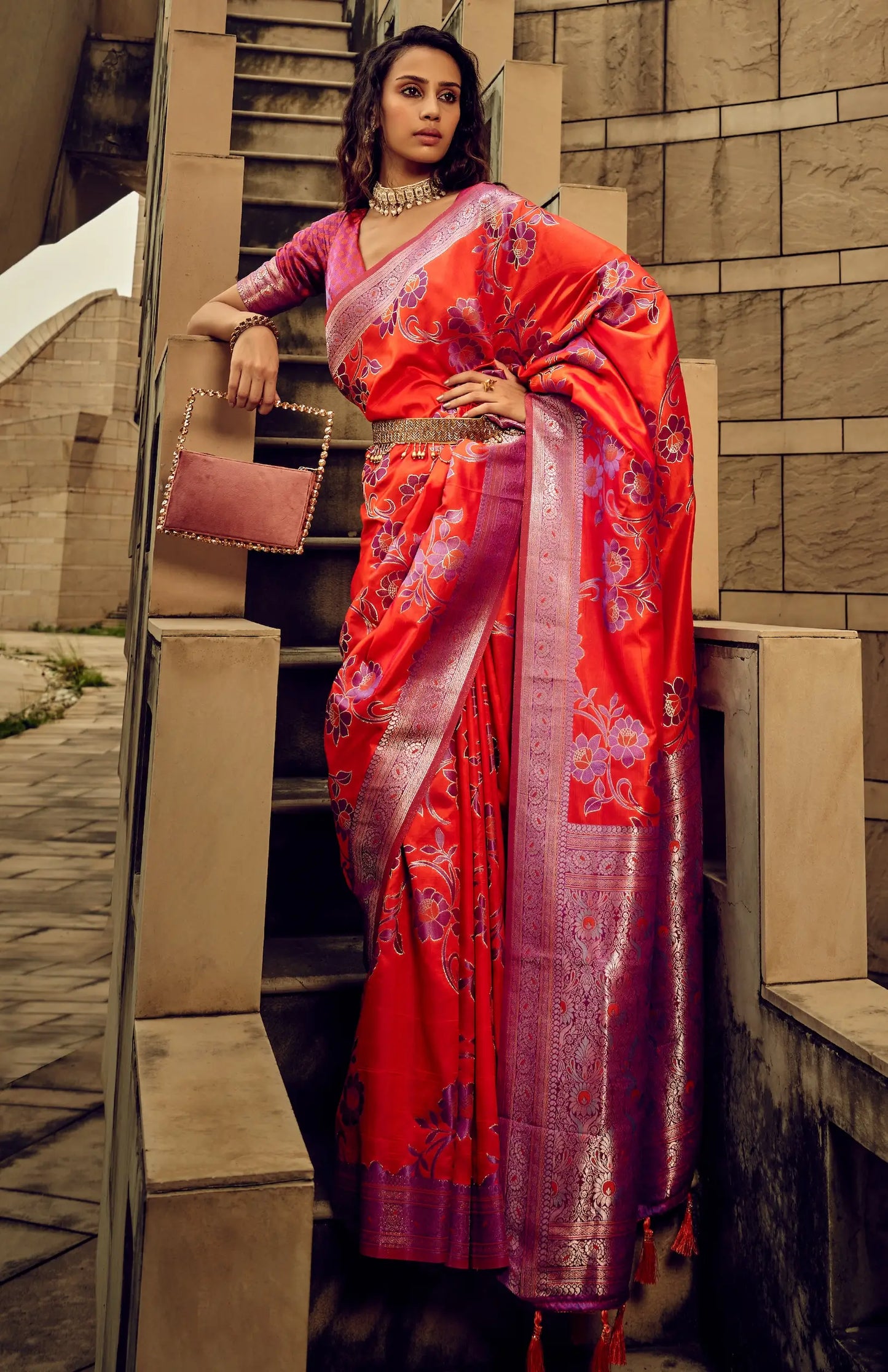 Red Satin Brasso Handwoven Silk With Flower Weaving Saree