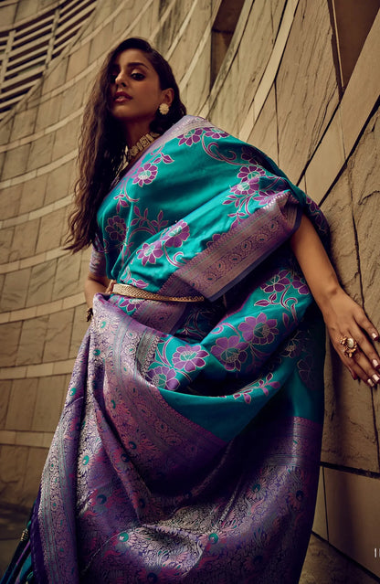 Medium Turquoise Satin Brasso Handwoven Silk With Flower Weaving Saree