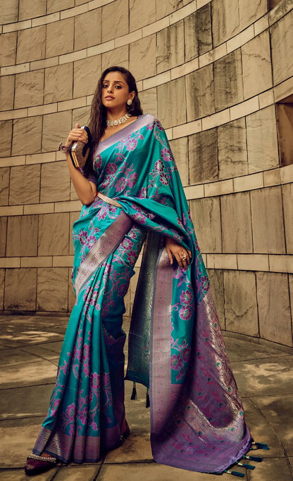 Medium Turquoise Satin Brasso Handwoven Silk With Flower Weaving Saree