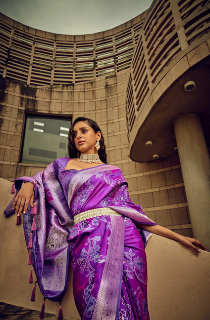 Purple Satin Brasso Handwoven Silk With Flower Weaving Saree