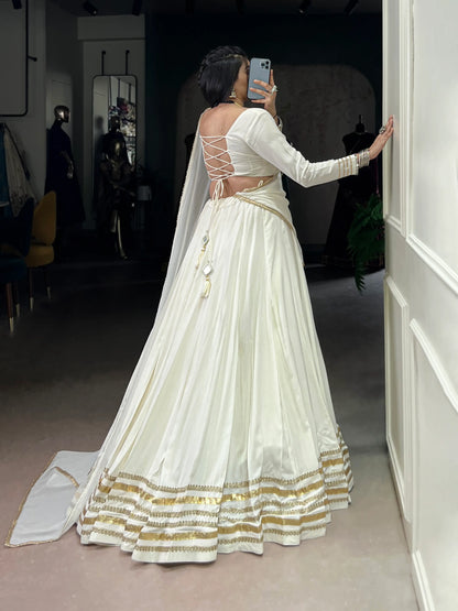 White Rayon Navratri Lehenga Choli With Lace Touch Up