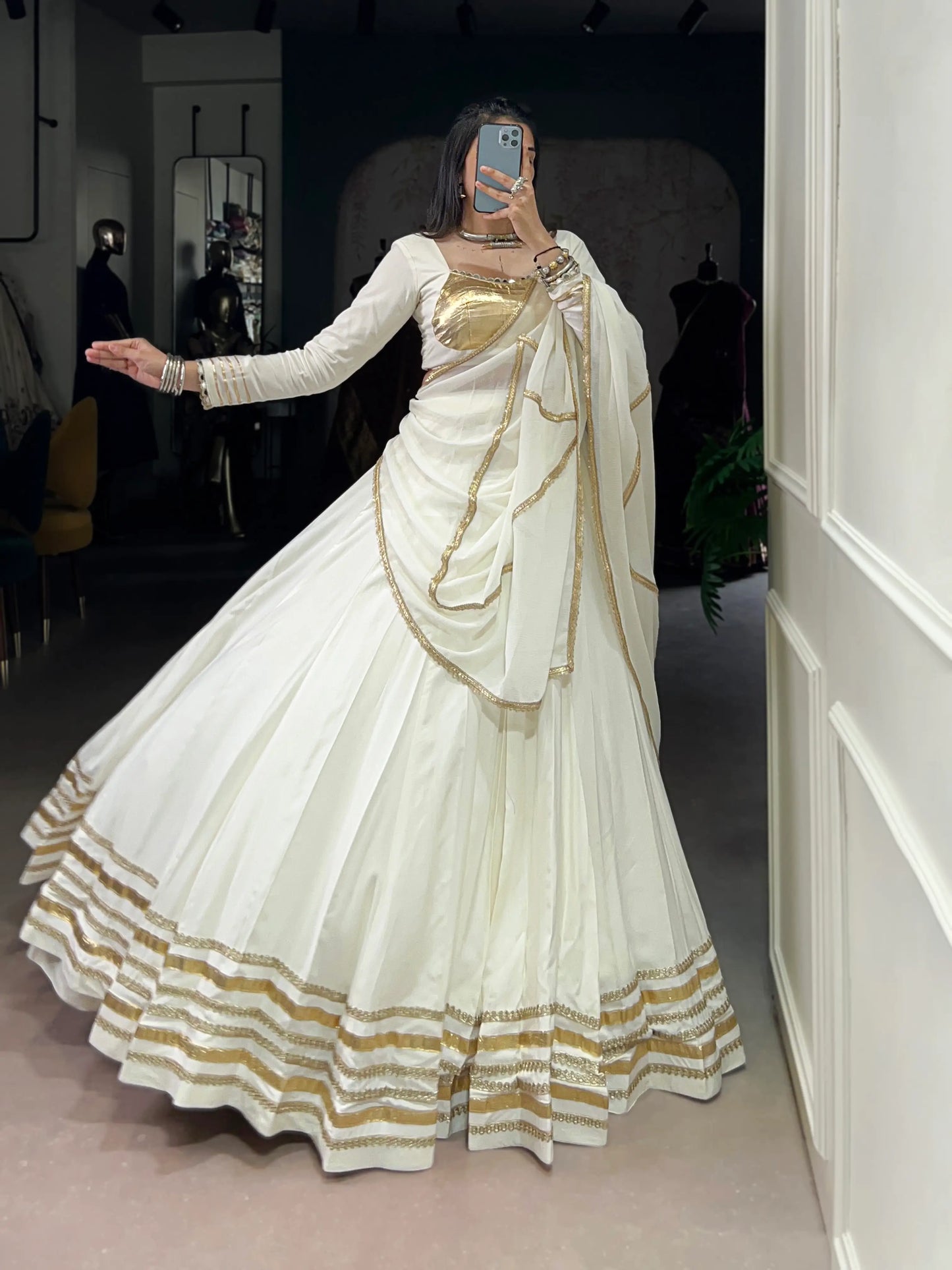 White Rayon Navratri Lehenga Choli With Lace Touch Up