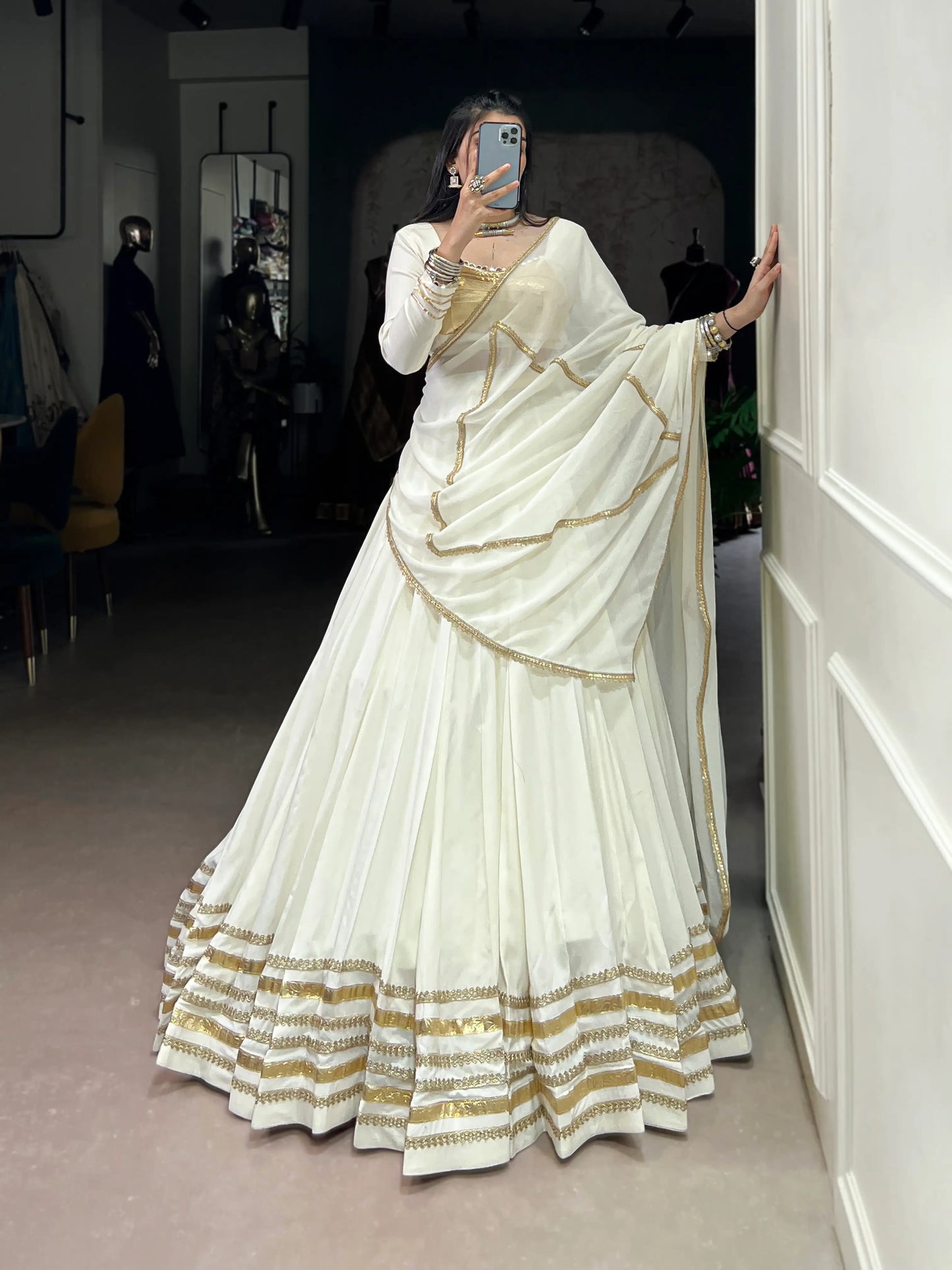 White Rayon Navratri Lehenga Choli With Lace Touch Up