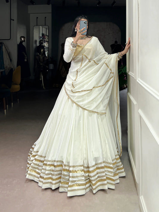 White Rayon Navratri Lehenga Choli With Lace Touch Up