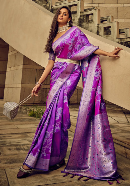 Purple Satin Brasso Handwoven Silk With Flower Weaving Saree