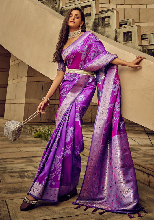 Purple Satin Brasso Handwoven Silk With Flower Weaving Saree