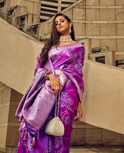 Purple Satin Brasso Handwoven Silk With Flower Weaving Saree