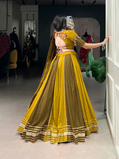 Olive Green-Mustard Navratri Lehenga with Mirror & Gamthi Work With Lace Touch Up
