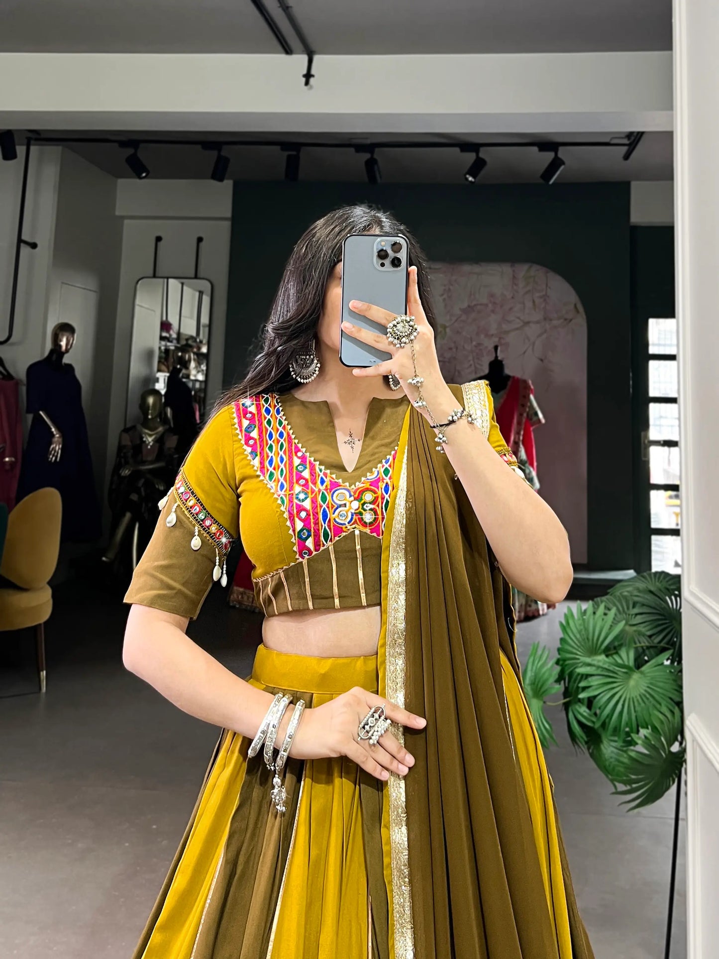 Olive Green-Mustard Navratri Lehenga with Mirror & Gamthi Work With Lace Touch Up