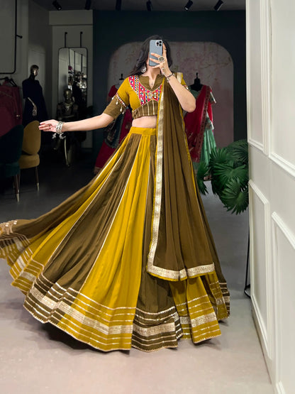 Olive Green-Mustard Navratri Lehenga with Mirror & Gamthi Work With Lace Touch Up