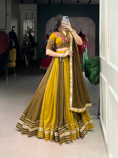 Olive Green-Mustard Navratri Lehenga with Mirror & Gamthi Work With Lace Touch Up