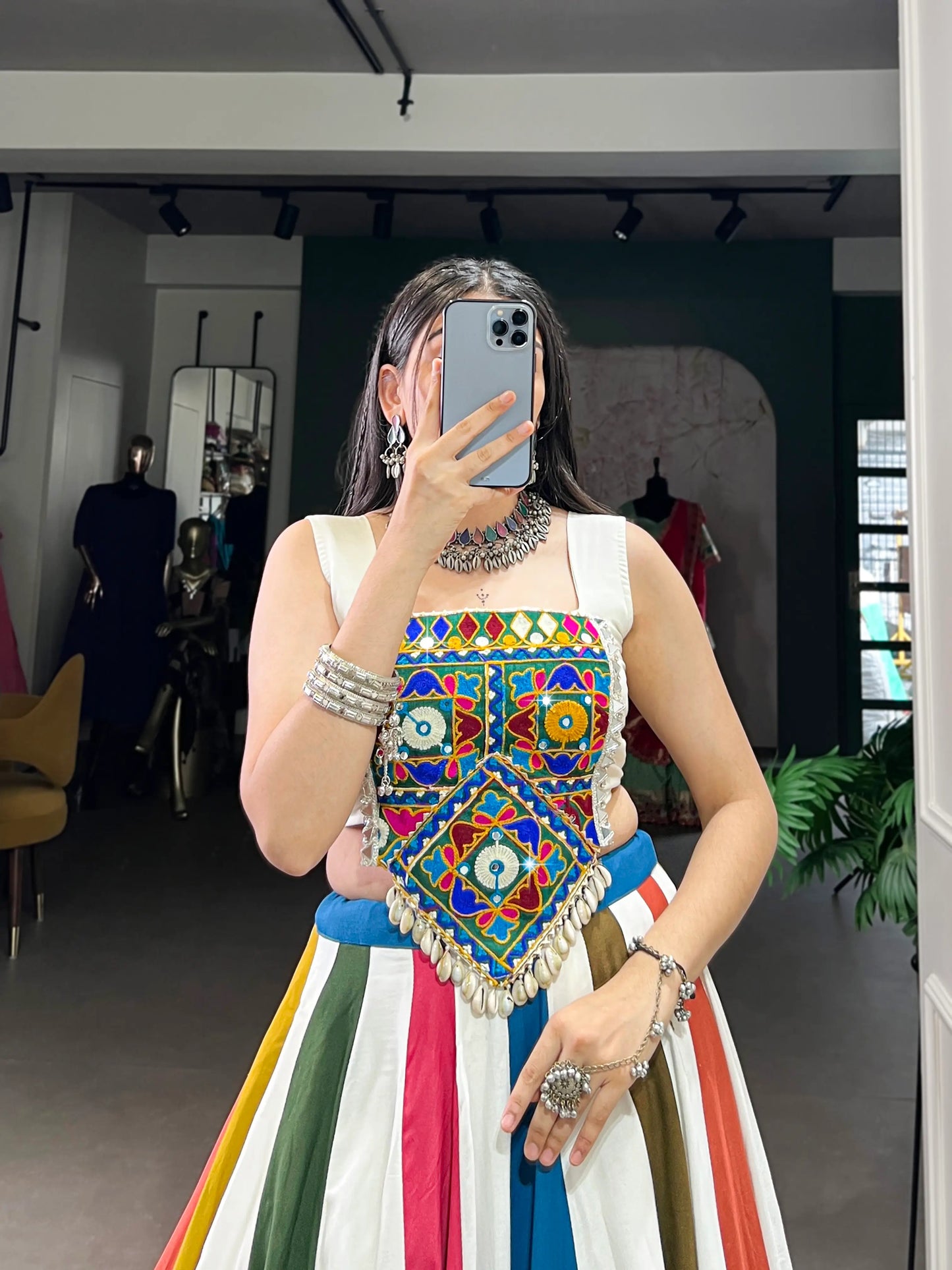 White Multicolor Rayon Lehenga Choli With Mirror & Gamthi Work