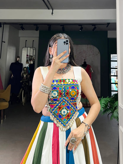 White Multicolor Rayon Lehenga Choli With Mirror & Gamthi Work