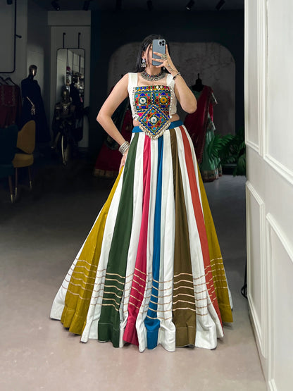 White Multicolor Rayon Lehenga Choli With Mirror & Gamthi Work