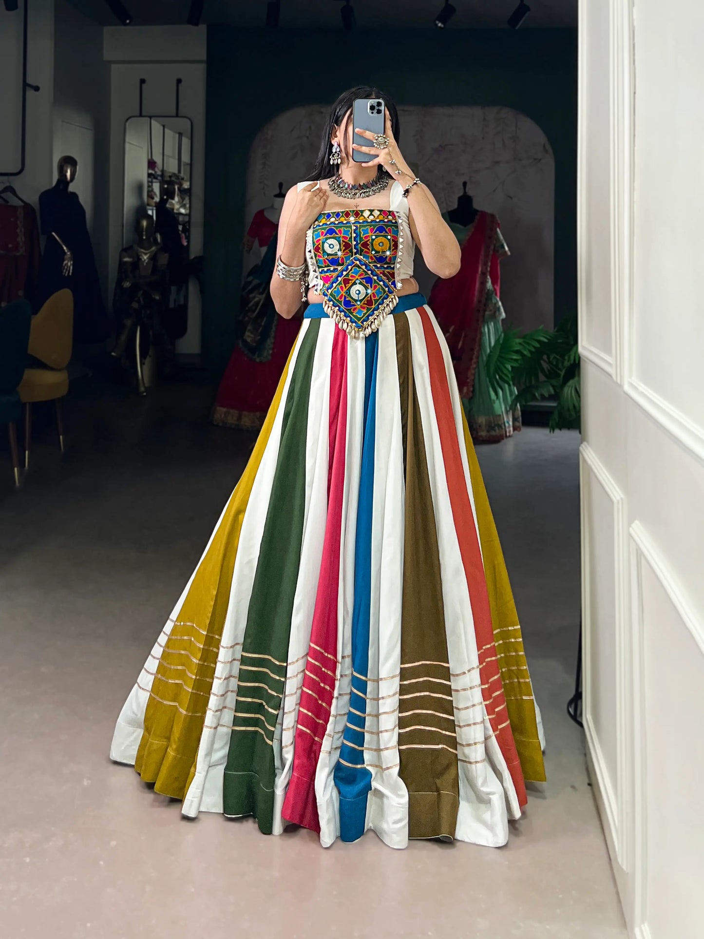 White Multicolor Rayon Lehenga Choli With Mirror & Gamthi Work