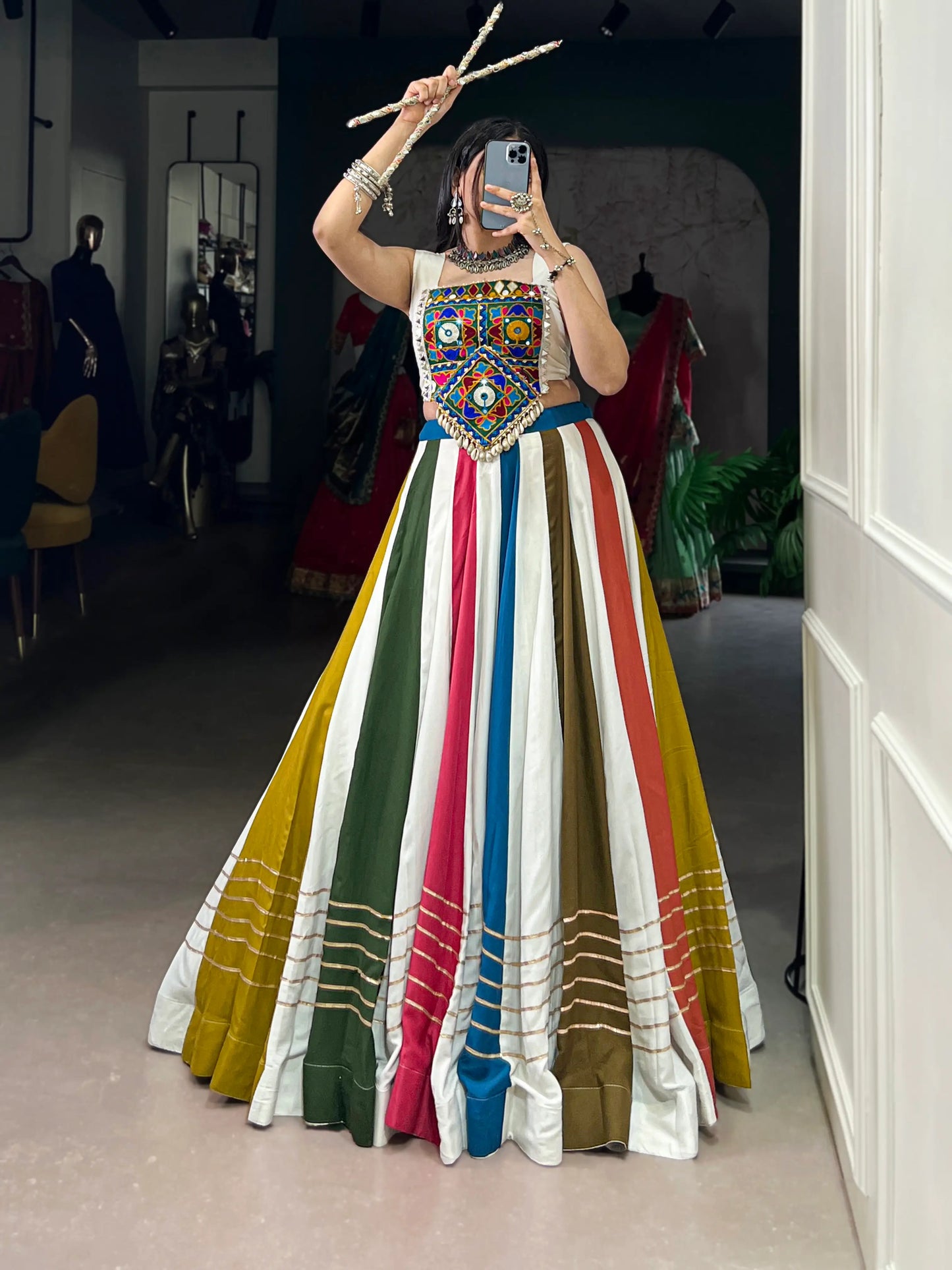 White Multicolor Rayon Lehenga Choli With Mirror & Gamthi Work