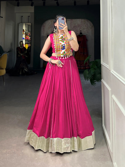Dark Pink Rayon Navratri Lehenga choli With Gamthi Work & Lace Touch Up