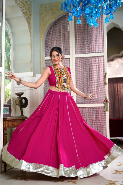 Dark Pink Rayon Navratri Lehenga choli With Gamthi Work & Lace Touch Up