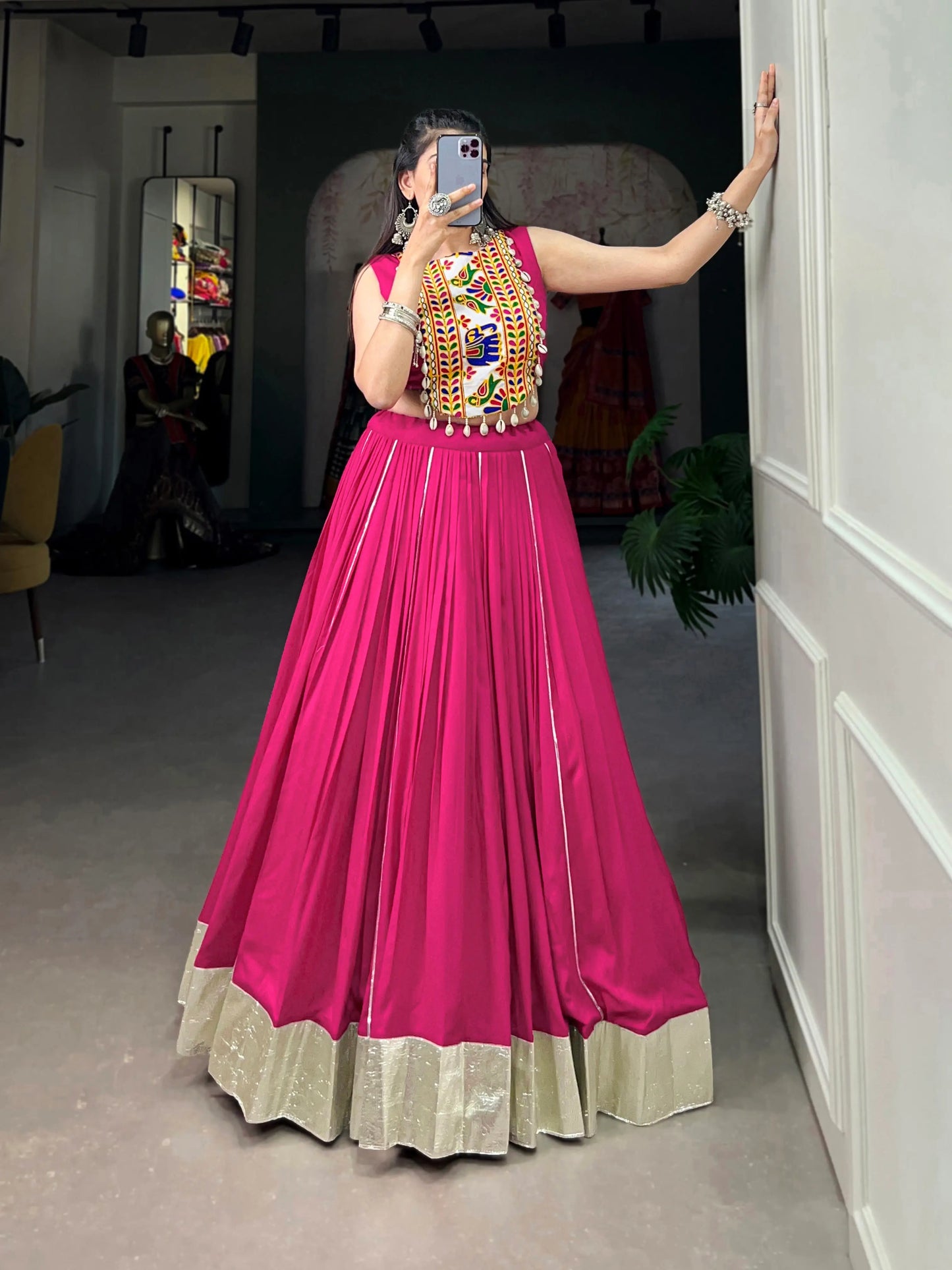 Dark Pink Rayon Navratri Lehenga choli With Gamthi Work & Lace Touch Up