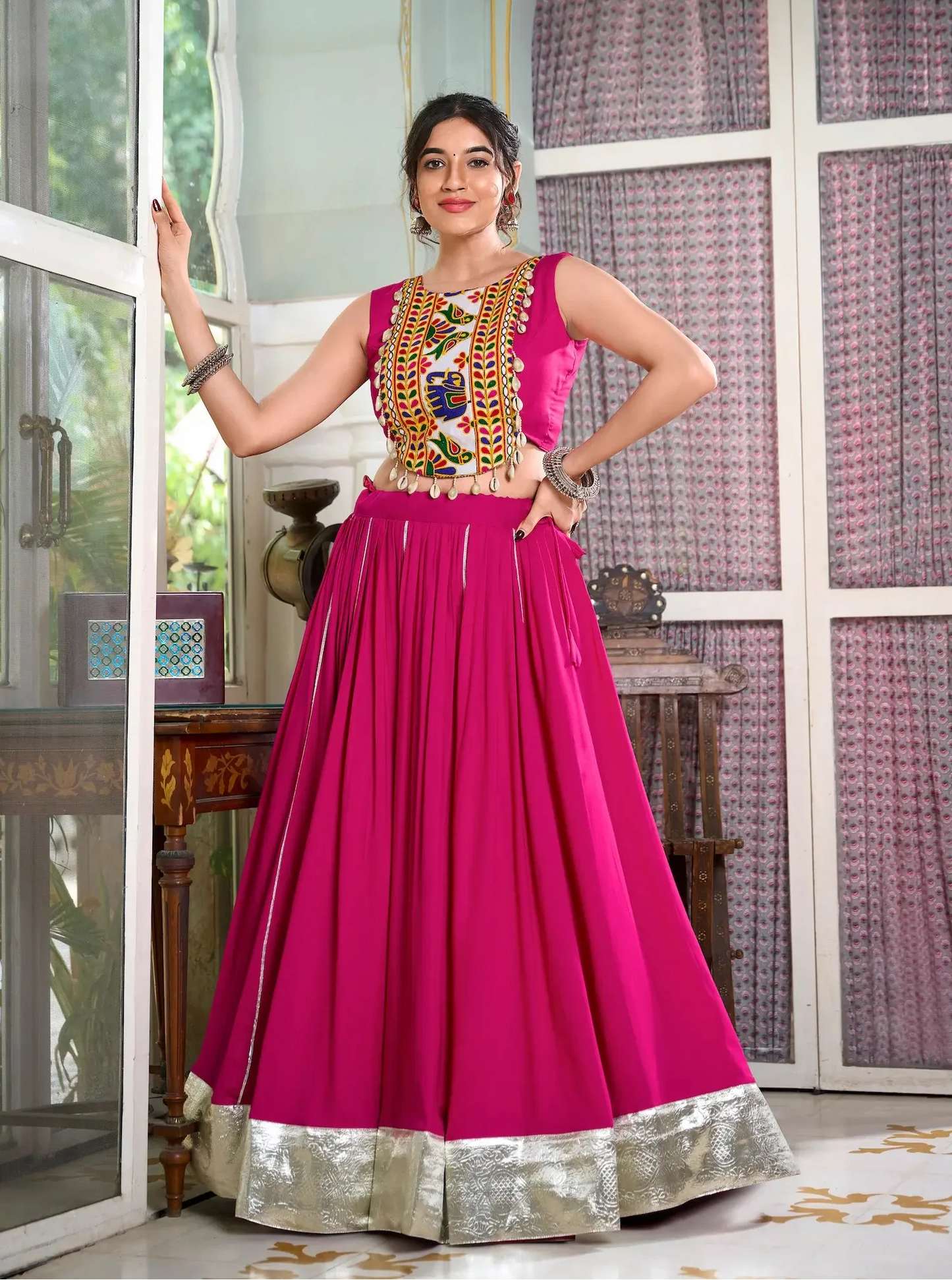 Dark Pink Rayon Navratri Lehenga choli With Gamthi Work & Lace Touch Up