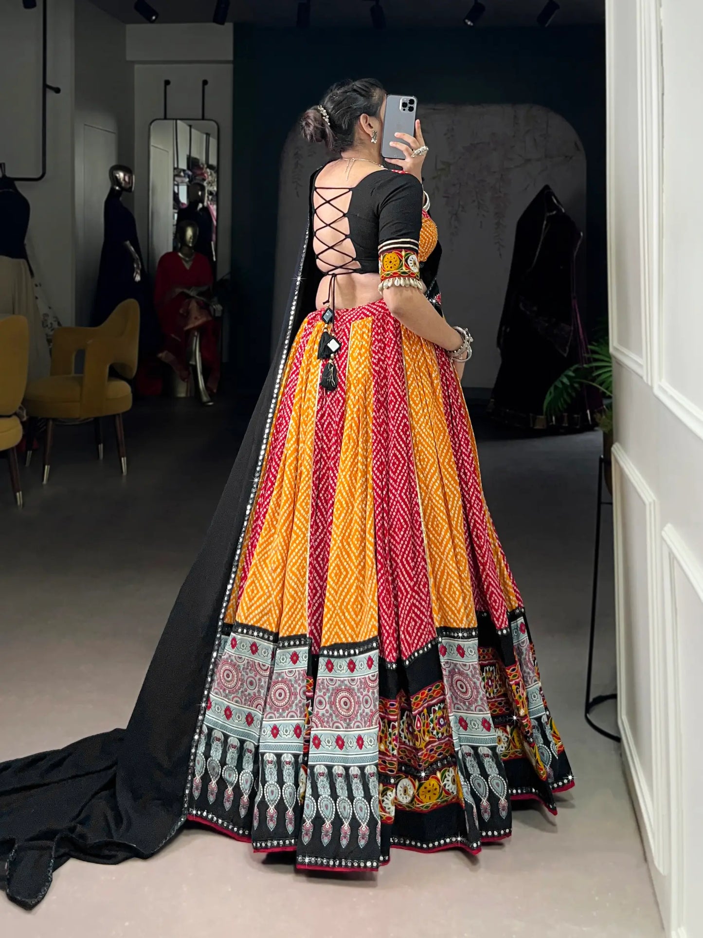 Red-Yellow Rayon Printed & Gamthi Work Navratri Lehenga Choli
