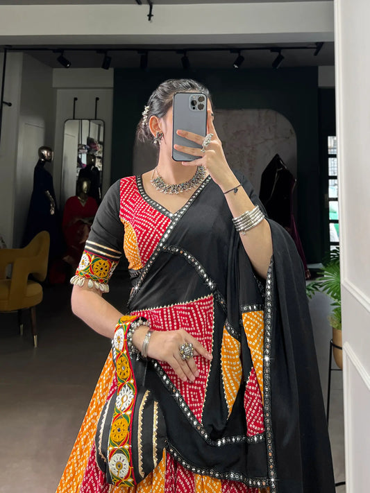 Red-Yellow Rayon Printed & Gamthi Work Navratri Lehenga Choli