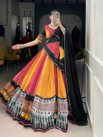 Red-Yellow Rayon Printed & Gamthi Work Navratri Lehenga Choli