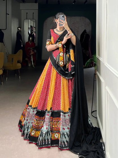 Red-Yellow Rayon Printed & Gamthi Work Navratri Lehenga Choli