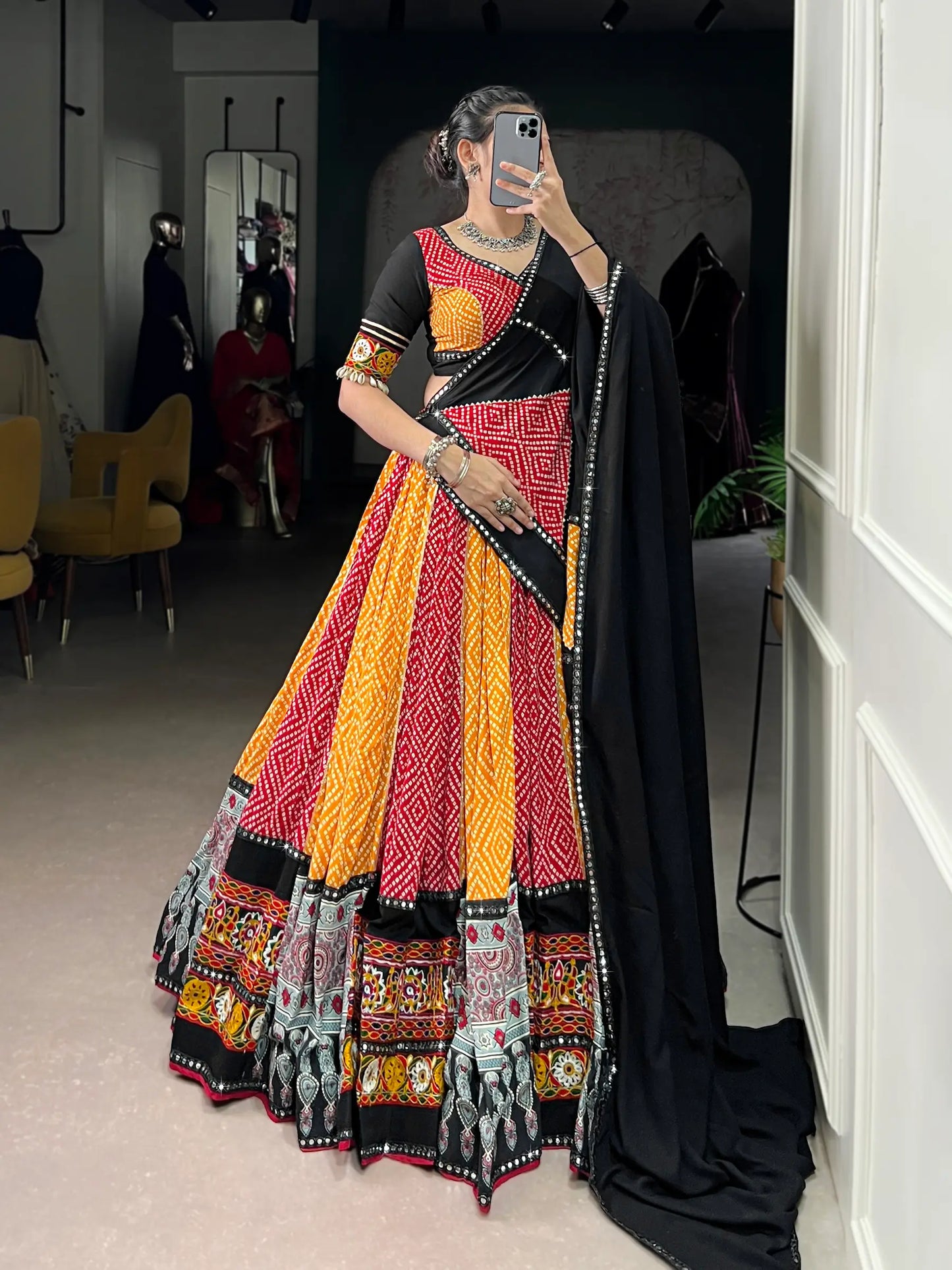 Red-Yellow Rayon Printed & Gamthi Work Navratri Lehenga Choli