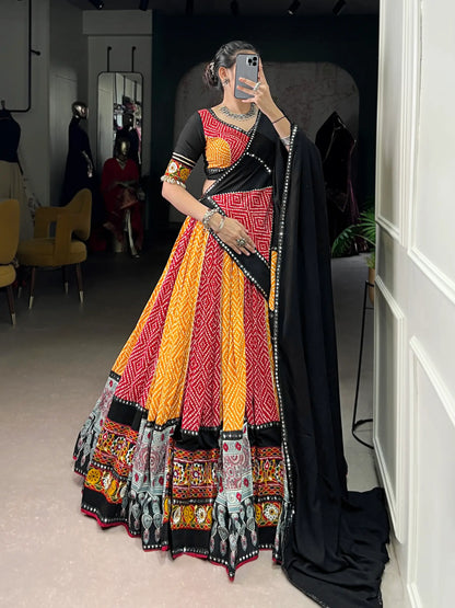 Red-Yellow Rayon Printed & Gamthi Work Navratri Lehenga Choli