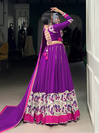 Purple Rayon Printed & Mirror Work Navratri Lehenga Choli