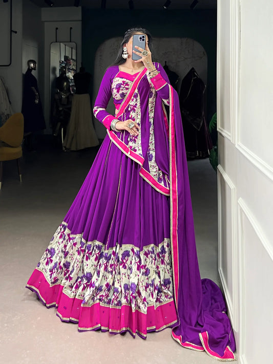 Purple Rayon Printed & Mirror Work Navratri Lehenga Choli