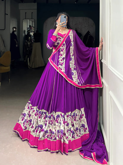 Purple Rayon Printed & Mirror Work Navratri Lehenga Choli