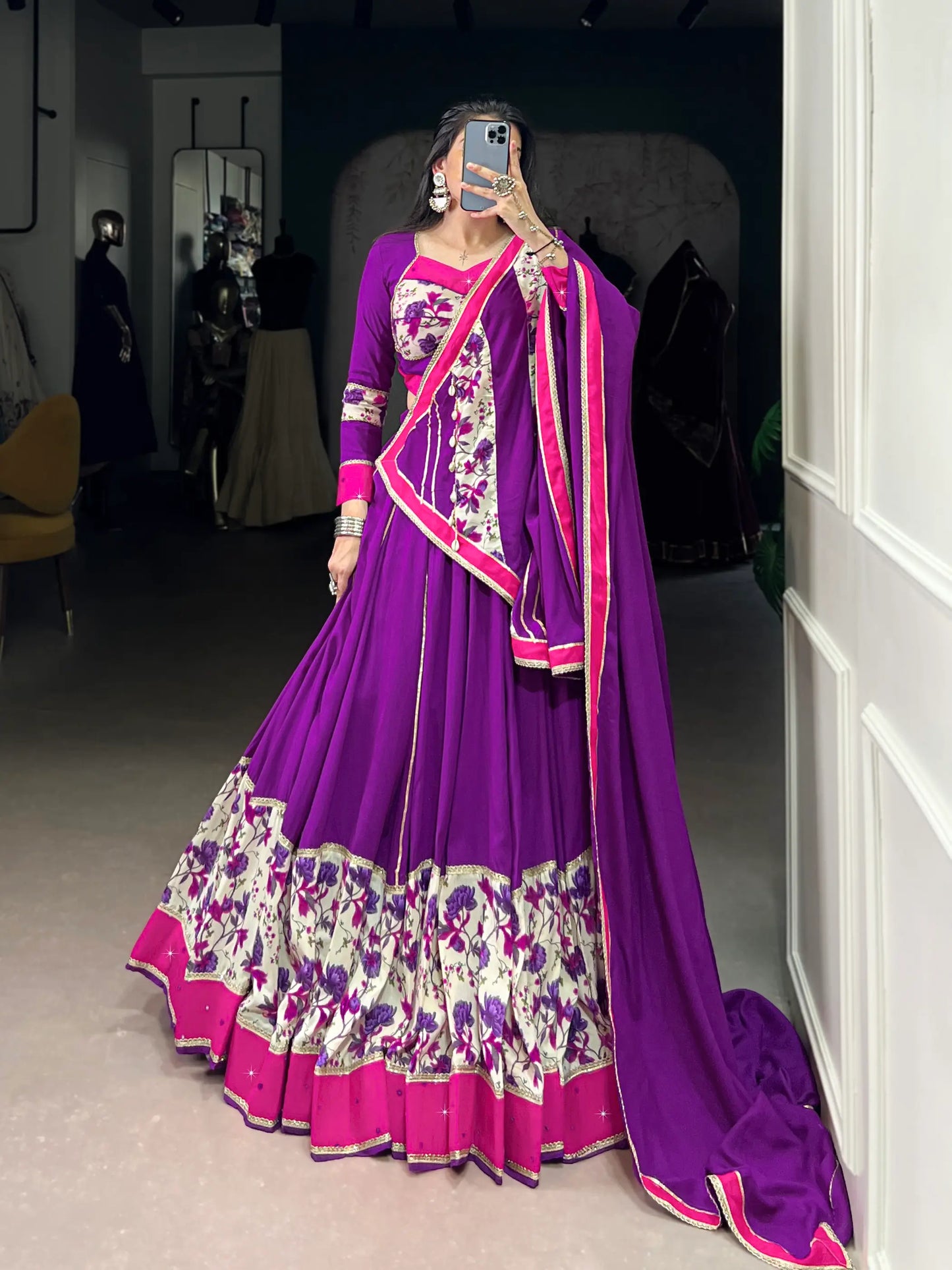 Purple Rayon Printed & Mirror Work Navratri Lehenga Choli