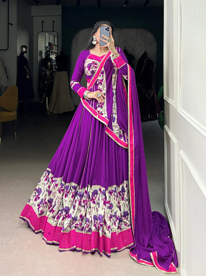 Purple Rayon Printed & Mirror Work Navratri Lehenga Choli