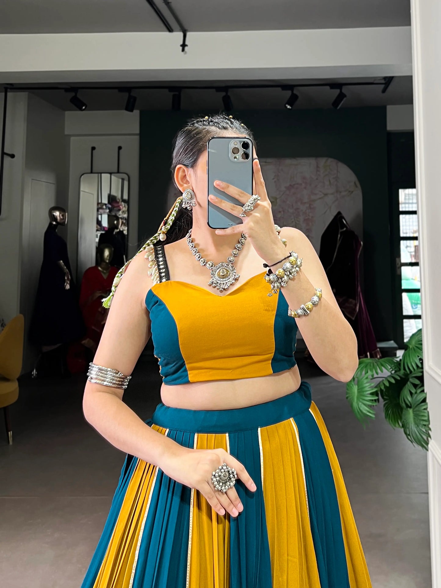 Teal Blue-Mustard Rayon Gamthi Work Navratri Lehenga Choli