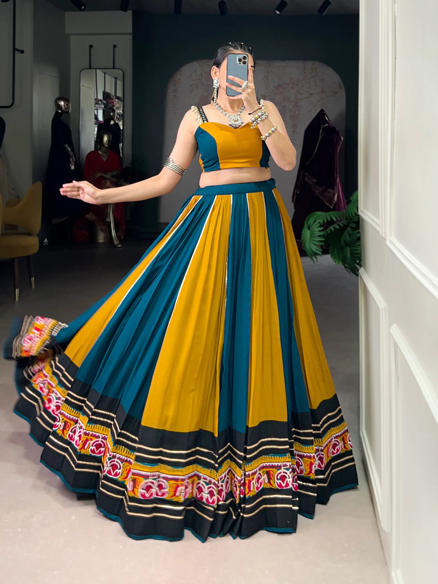 Teal Blue-Mustard Rayon Gamthi Work Navratri Lehenga Choli