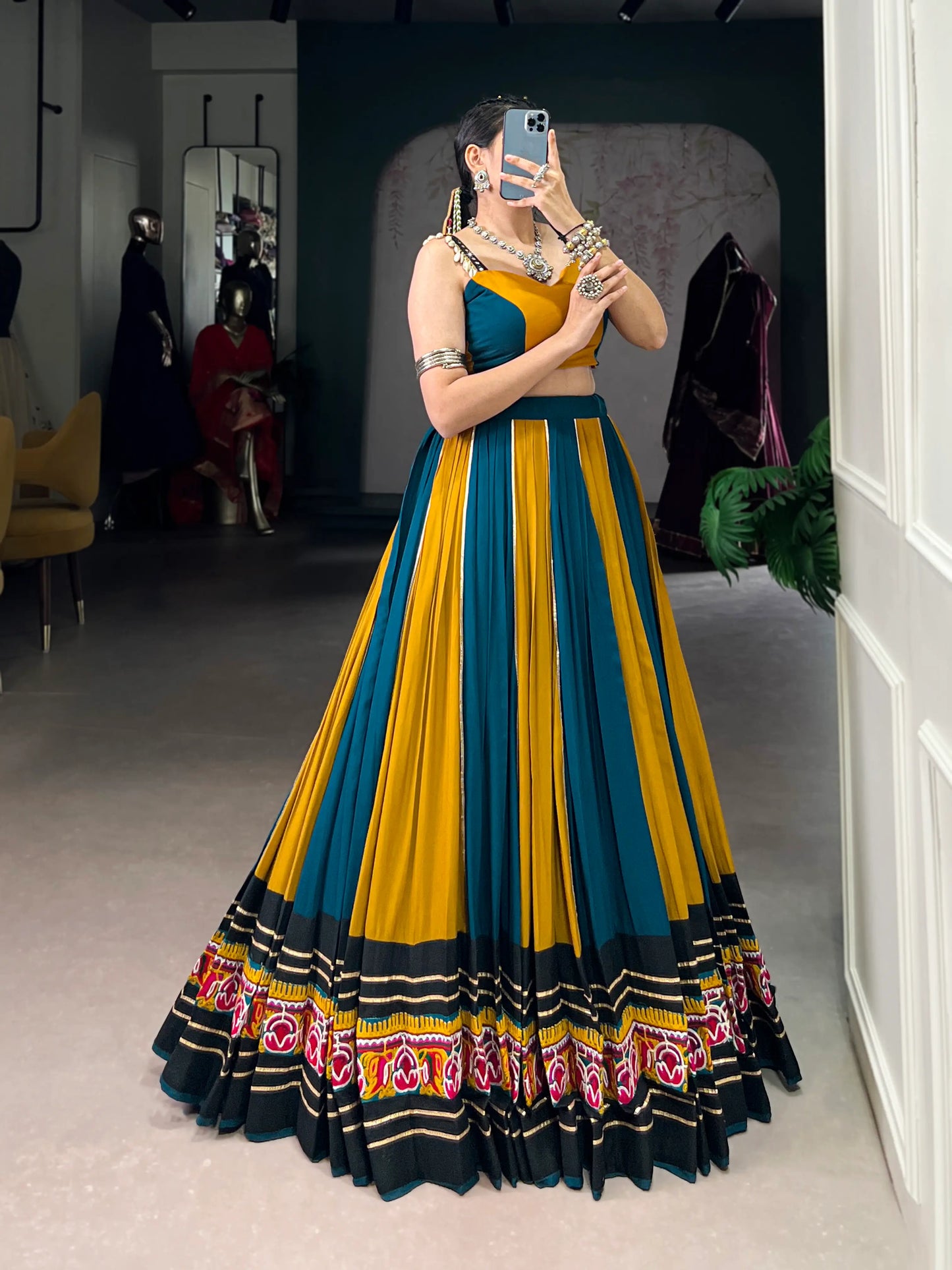 Teal Blue-Mustard Rayon Gamthi Work Navratri Lehenga Choli
