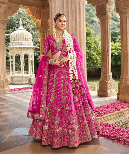 Hot Pink Bridal Lehenga Khatli Embroidery & 2 Dupatta