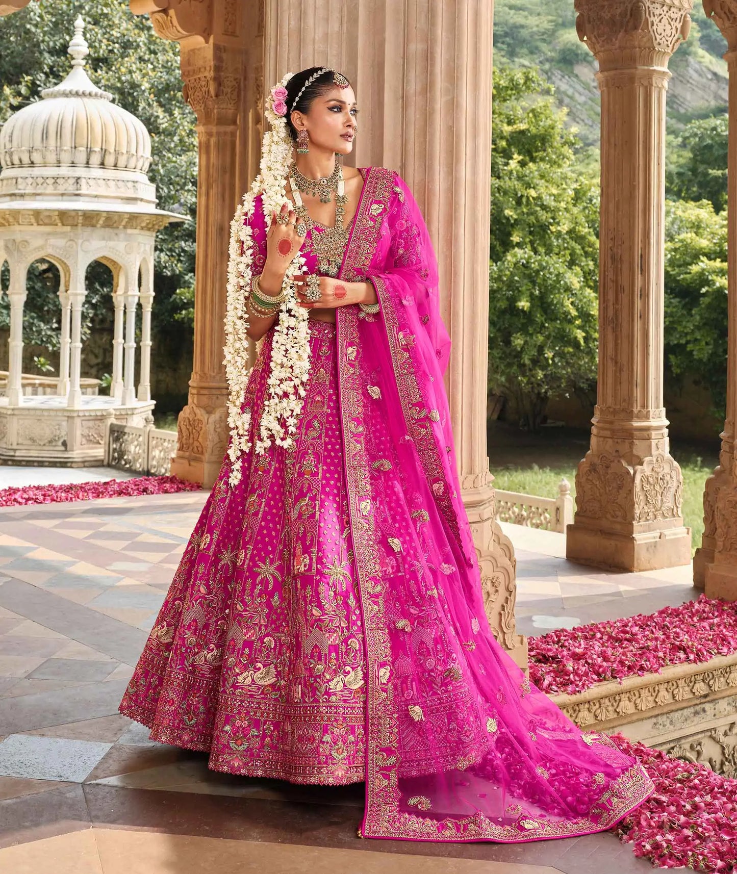 Hot Pink Bridal Lehenga Khatli Embroidery & 2 Dupatta