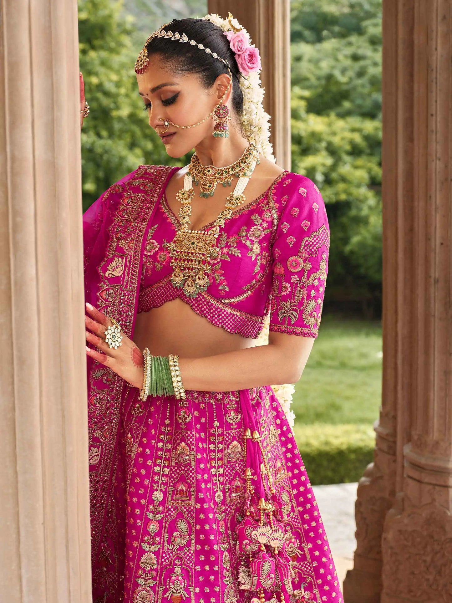 Hot Pink Bridal Lehenga Khatli Embroidery & 2 Dupatta