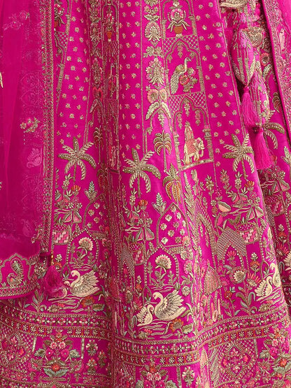 Hot Pink Bridal Lehenga Khatli Embroidery & 2 Dupatta