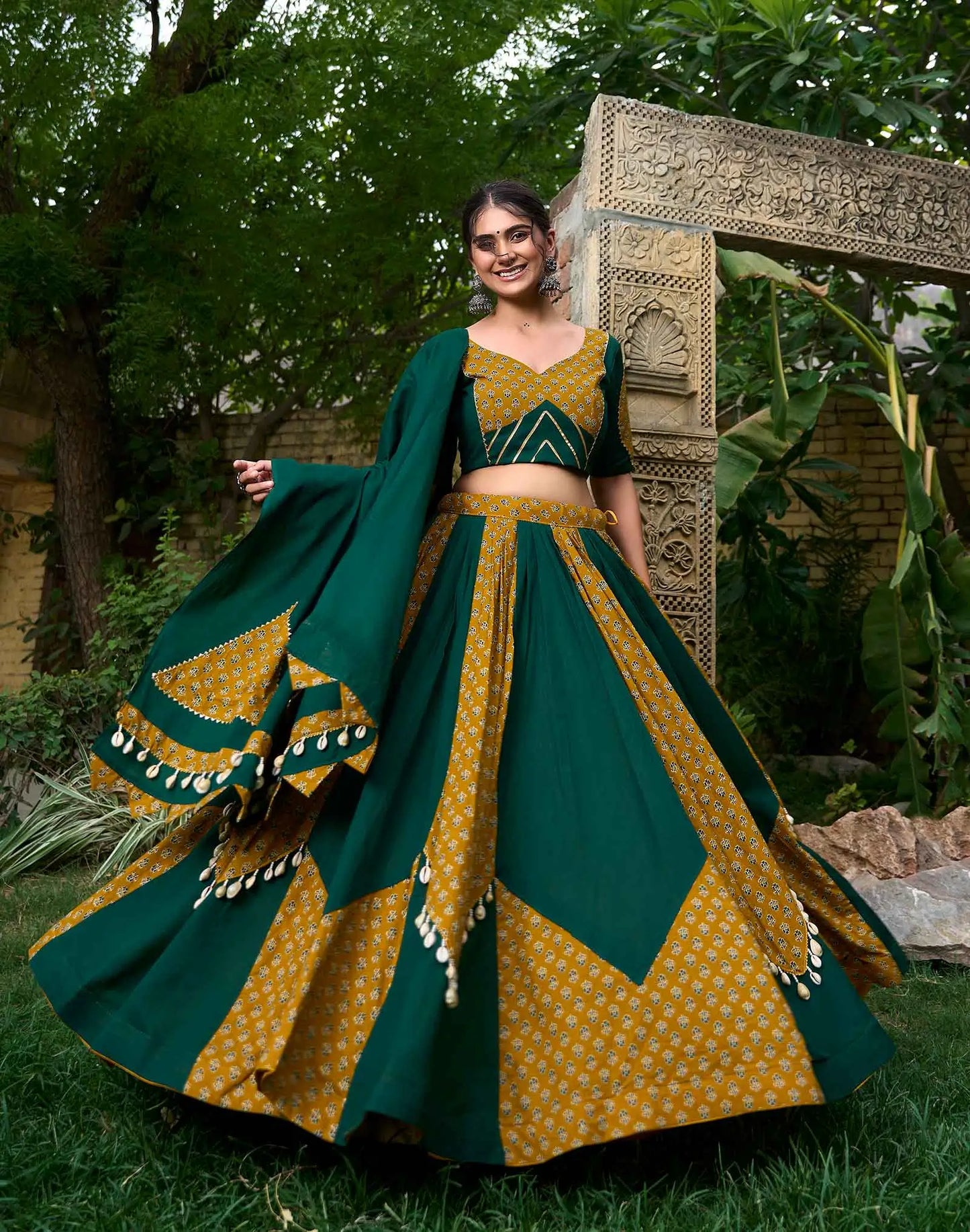 Green And Yellow Plain With Printed Traditional Lehenga for Navratri
