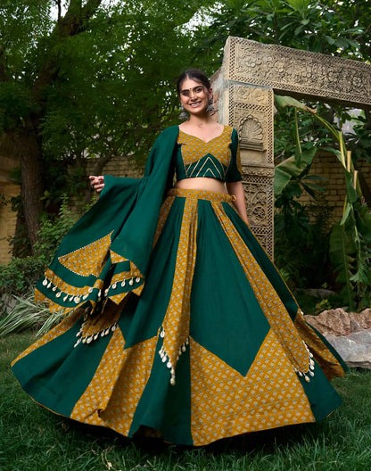 Green And Yellow Plain With Printed Traditional Lehenga for Navratri