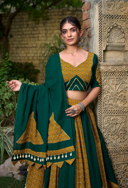 Green And Yellow Plain With Printed Traditional Lehenga for Navratri