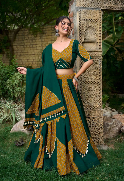 Green And Yellow Plain With Printed Traditional Lehenga for Navratri