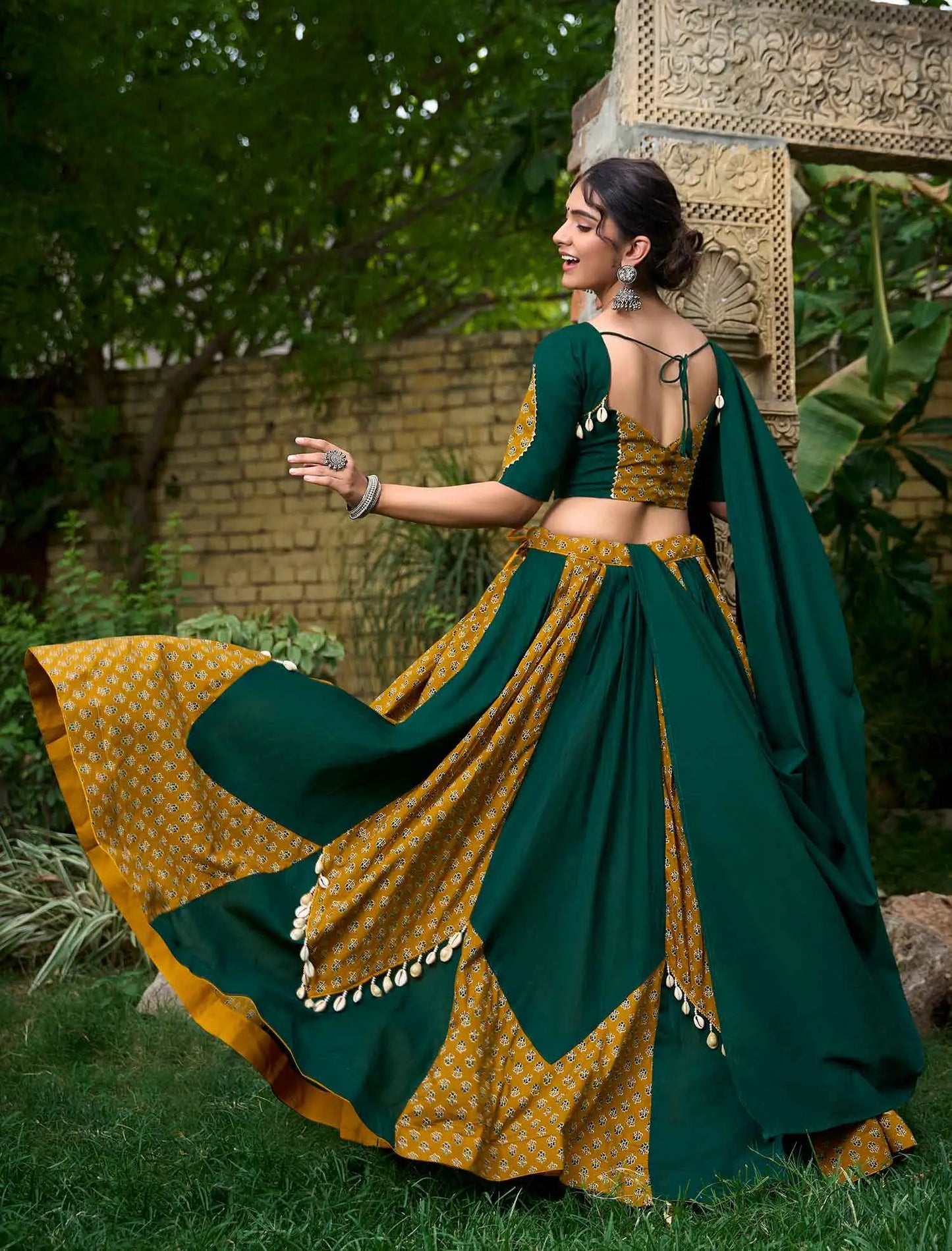 Green And Yellow Plain With Printed Traditional Lehenga for Navratri